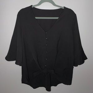 Casual V Neck Tops 3/4 Sleeve Tie Knot Blouses Solid Button Down Shirts